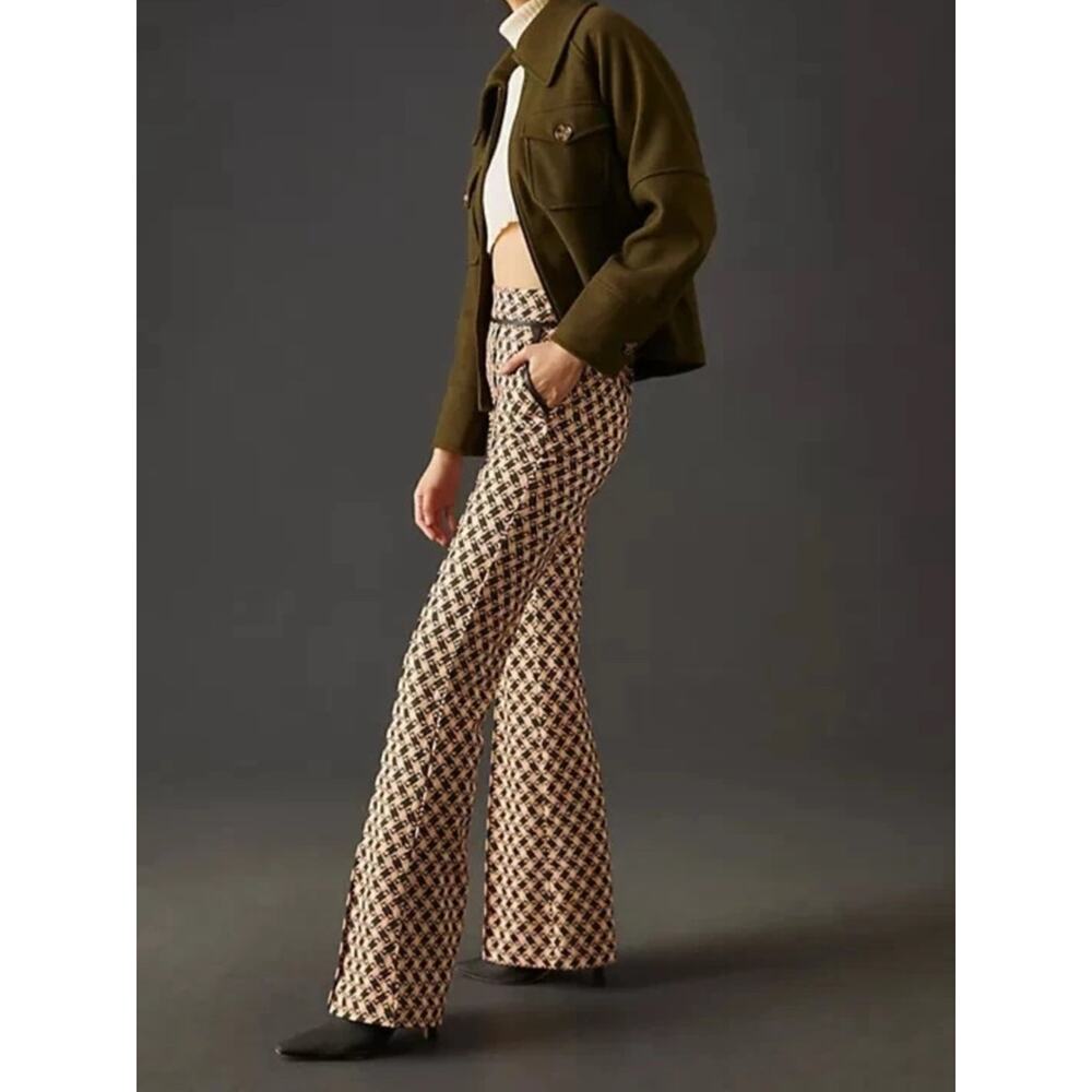 NWT Anthropologie Maeve High-Rise Ponte Flare Pants Size 10 Tan Black‎ - Picture 3 of 11